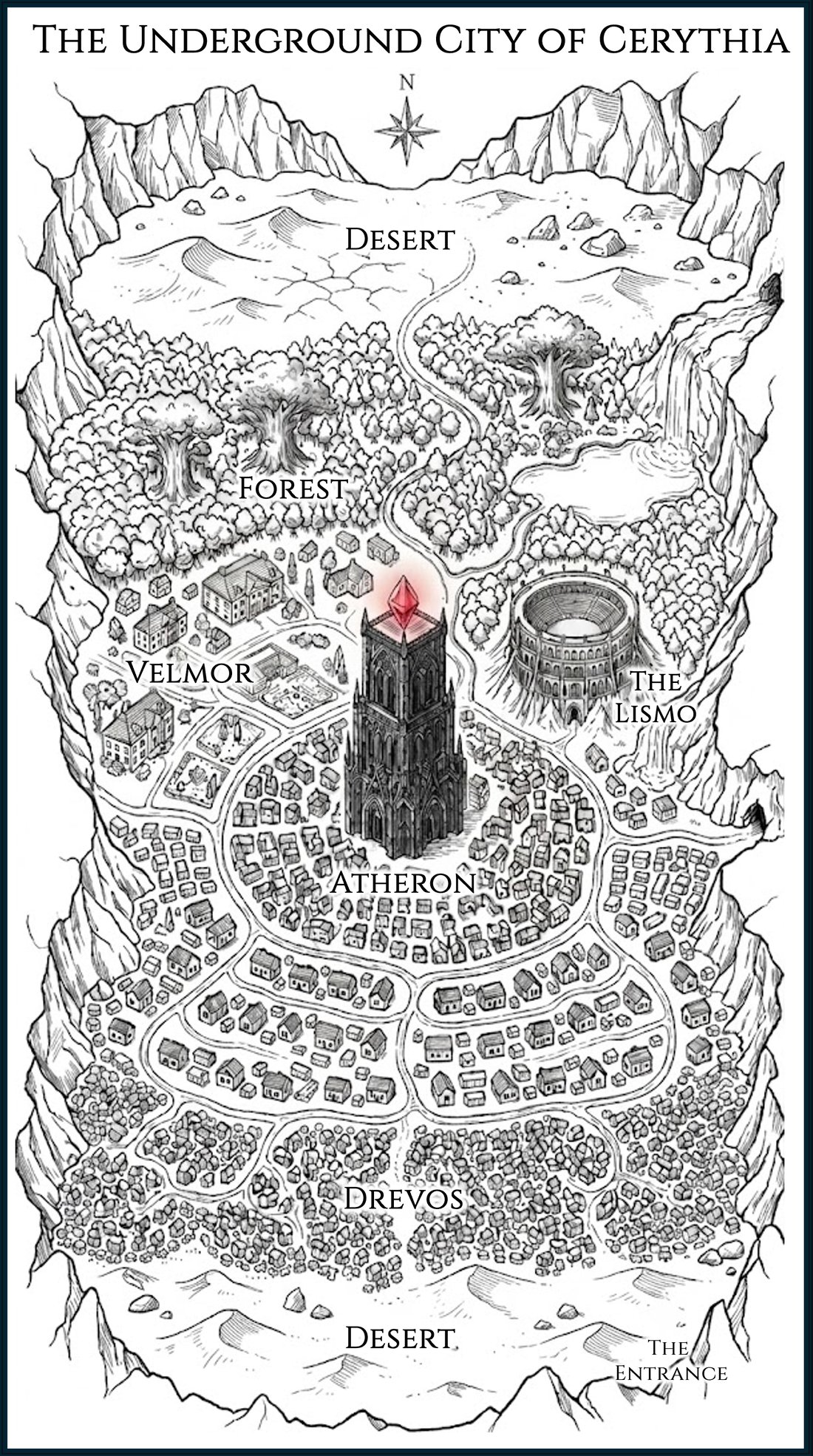 Hand-drawn map of the underground city of Cerythia